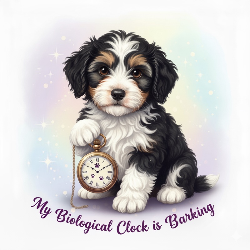 A pastel illustration of a black and white puppy holding a pocket watch, with the words My Biological Clock is Barking